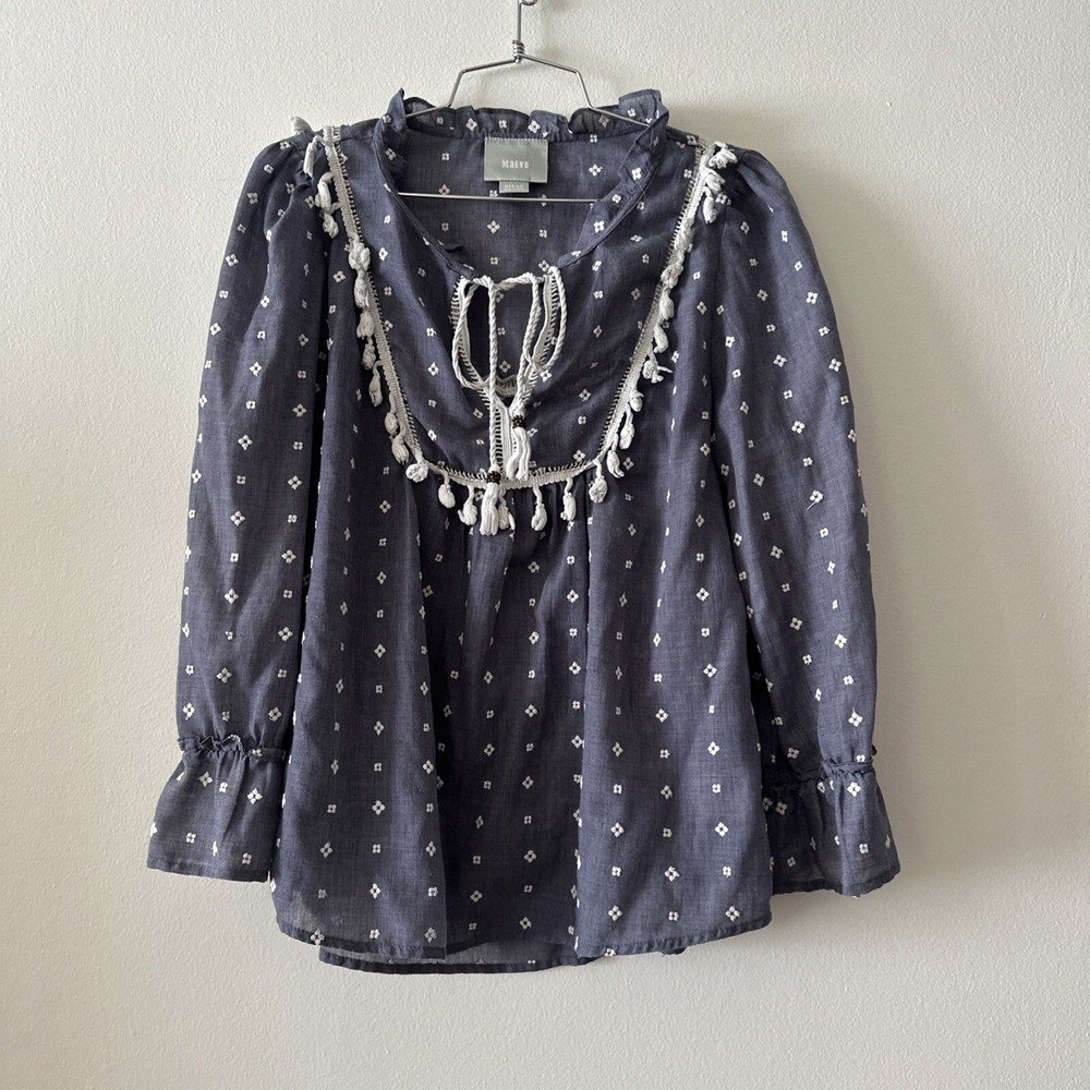 Maeve Embroidered‎ Tassel Tie Neck Blouse Blue White Pattern Long Sleeve
